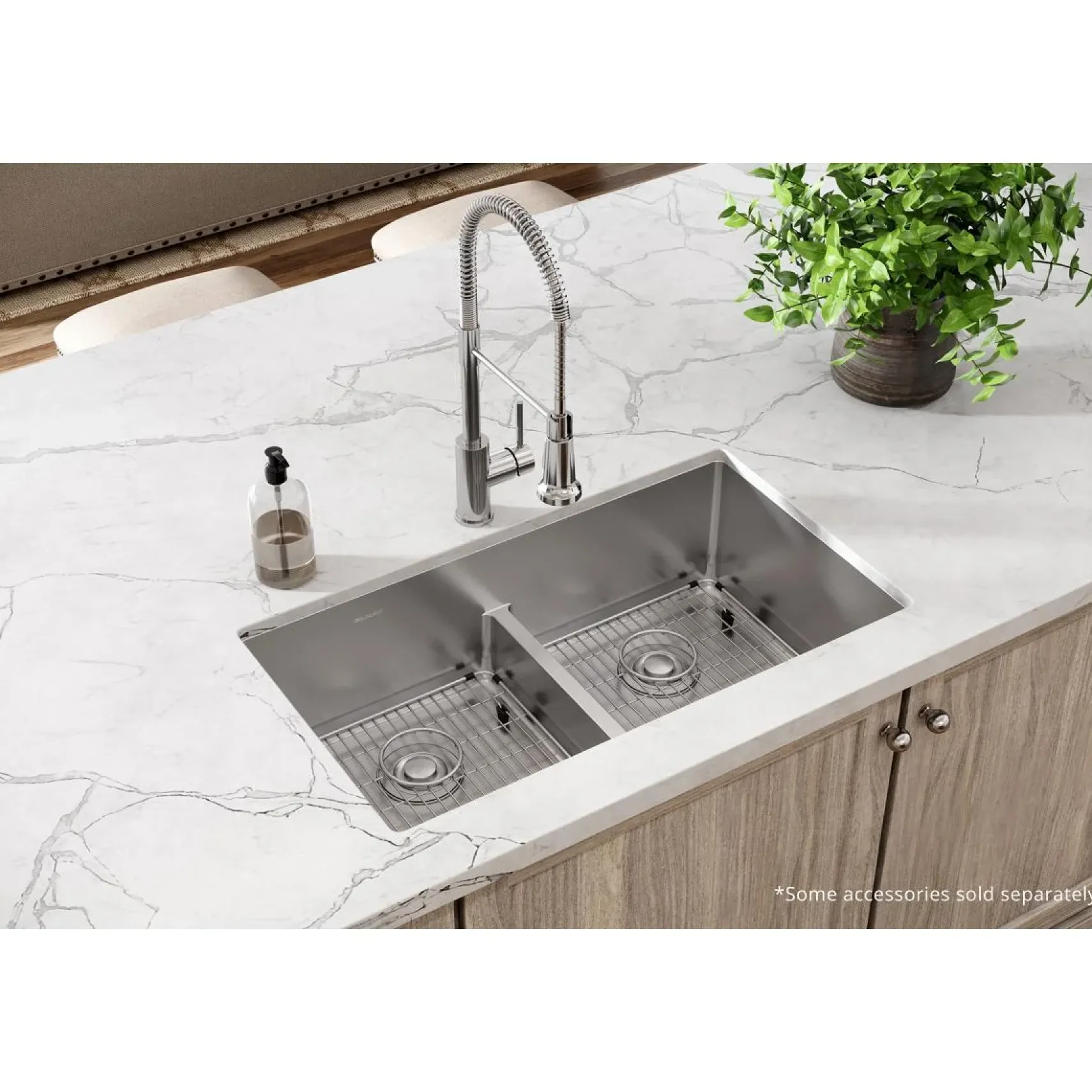 Elkay Crosstown 33" Stainless Steel Kitchen Sink, 50/50 Double Bowl, 18 Gauge, Sink Kit, Polished Satin, 1 Faucet Hole, ECTSRA33229TBG1