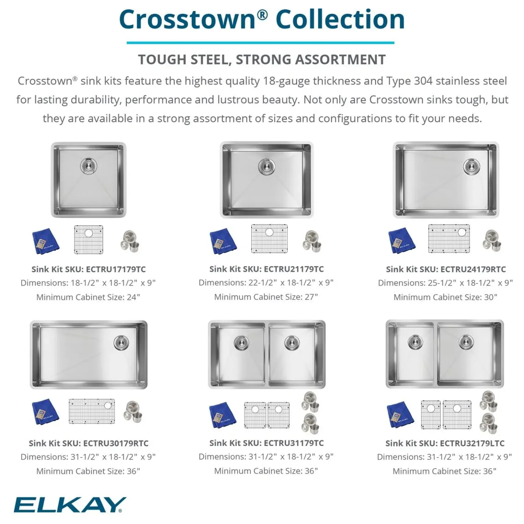 Elkay Crosstown 19" Stainless Steel Kitchen Sink, 18 Gauge, Polished Satin, ECTRU17179TC