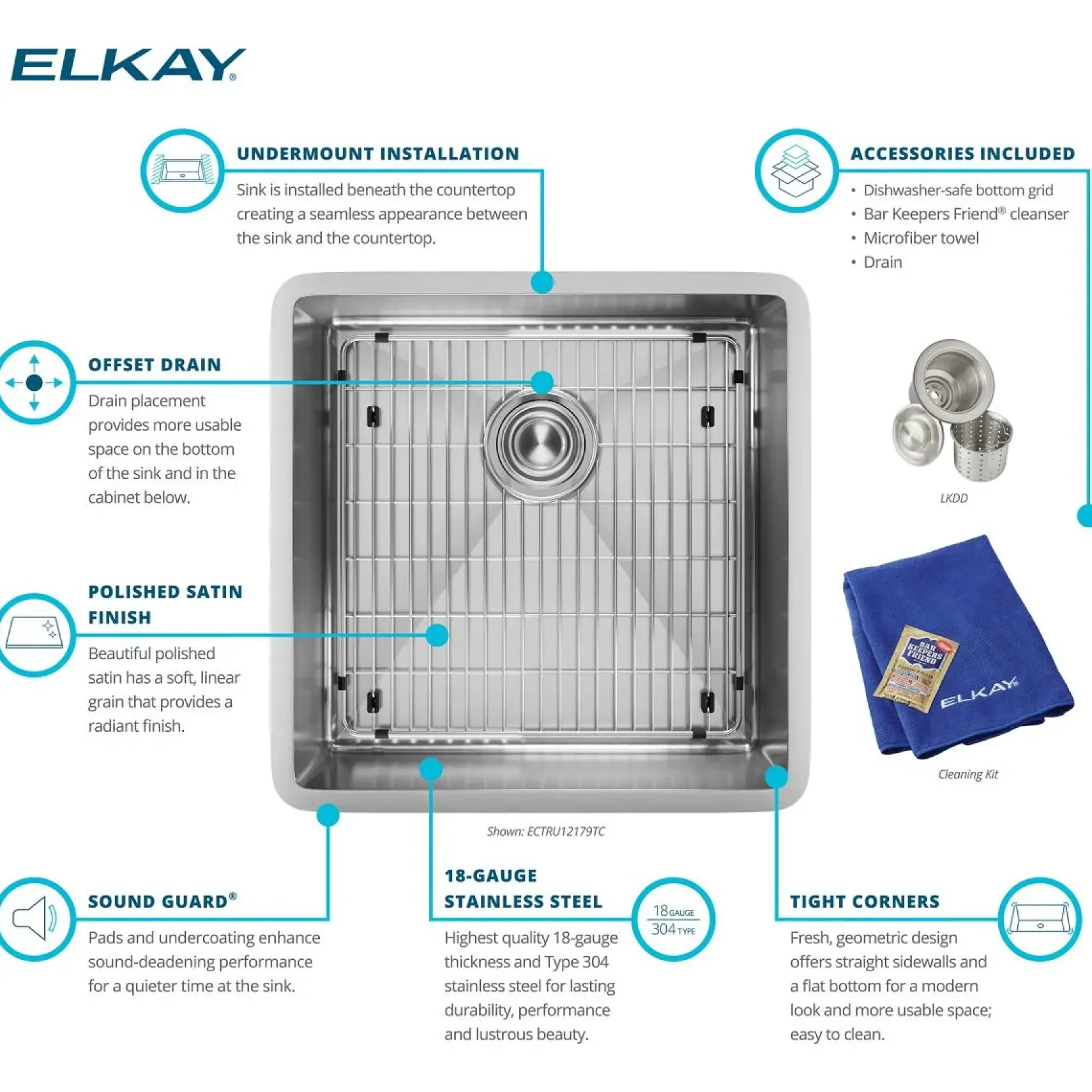 Elkay Crosstown 19" Stainless Steel Kitchen Sink, 18 Gauge, Polished Satin, ECTRU17179TC