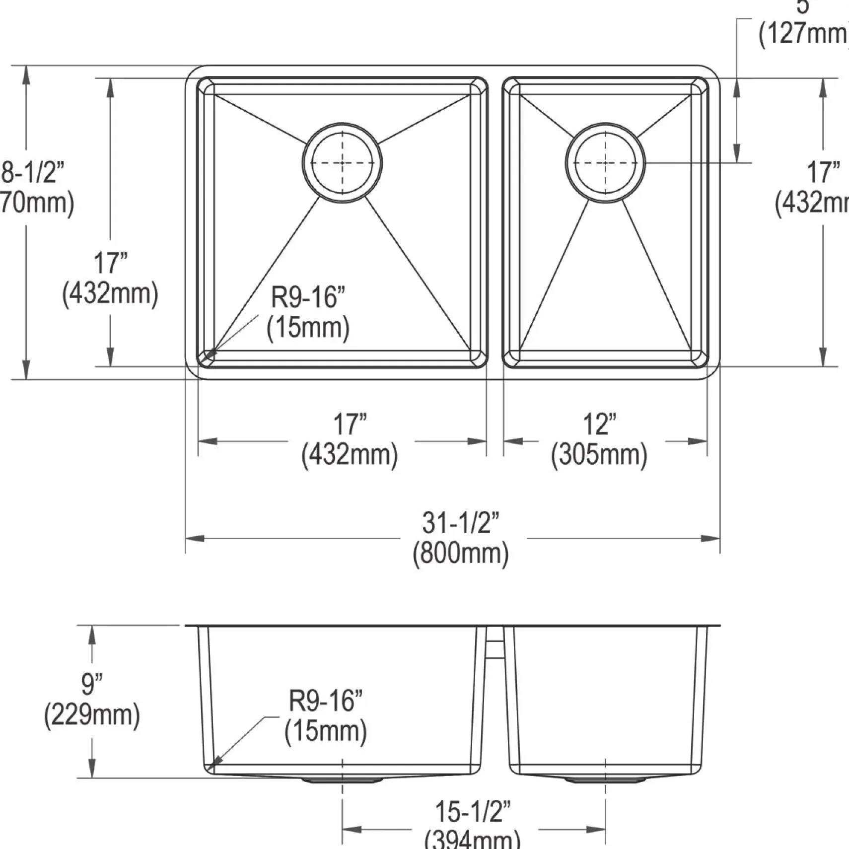 Elkay Crosstown 32" Stainless Steel Kitchen Sink, 60/40 Double Bowl, 18 Gauge, Polished Satin, ECTRU32179RTC