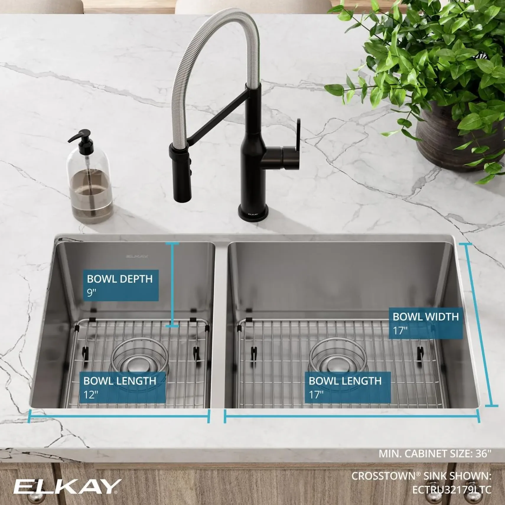 Elkay Crosstown 32" Stainless Steel Kitchen Sink, 40/60 Double Bowl, 18 Gauge, Polished Satin, ECTRU32179LTC