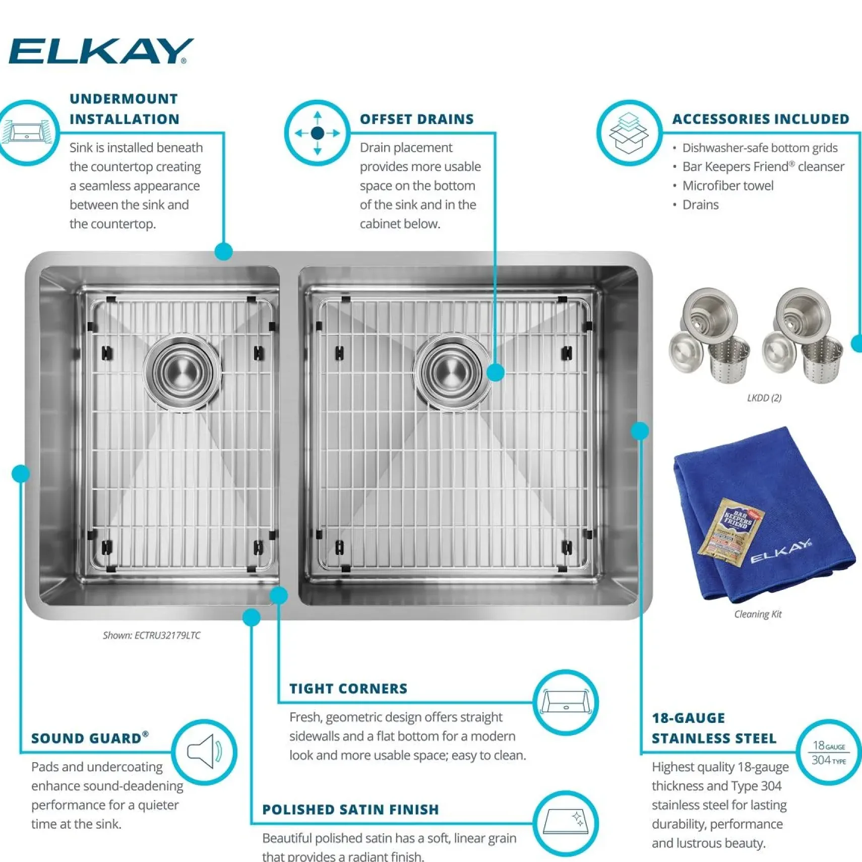 Elkay Crosstown 32" Stainless Steel Kitchen Sink, 40/60 Double Bowl, 18 Gauge, Polished Satin, ECTRU32179LTC