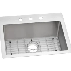 Elkay Crosstown 25" Stainless Steel Kitchen Sink Kit, Polished Satin, 3 Faucet Hole, ECTSR25229TBG3
