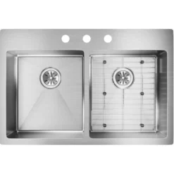 Elkay Crosstown 33" Stainless Steel Kitchen Sink, 50/50 Double Bowl, 18 Gauge, Sink Kit, Polished Satin, 3 Faucet Hole, ECTSR33229TBG3