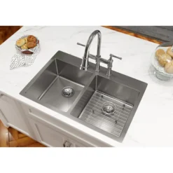 Elkay Crosstown 33" Stainless Steel Kitchen Sink, 50/50 Double Bowl, 18 Gauge, Sink Kit, Polished Satin, 3 Faucet Hole, ECTSR33229TBG3