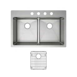Elkay Crosstown 33" Stainless Steel Kitchen Sink, 50/50 Double Bowl, 18 Gauge, Sink Kit, Polished Satin, 4 Faucet Hole, ECTSRA33229TBG4