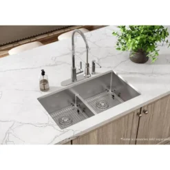 Elkay Crosstown 33" Stainless Steel Kitchen Sink, 50/50 Double Bowl, 18 Gauge, Sink Kit, Polished Satin, 4 Faucet Hole, ECTSRA33229TBG4