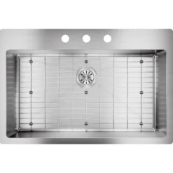 Elkay Crosstown 33" Stainless Steel Kitchen Sink Kit, Polished Satin, 3 Faucet Hole, ECTSRS33229TBG3
