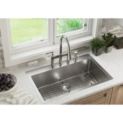 Elkay Crosstown 33" Stainless Steel Kitchen Sink Kit, Polished Satin, 2 Faucet Hole, ECTSRS33229TBG2