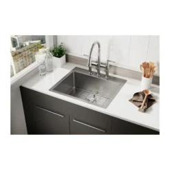 Elkay Crosstown 25" Stainless Steel Kitchen Sink Kit, Polished Satin, 2 Faucet Hole, ECTSR25229TBG2