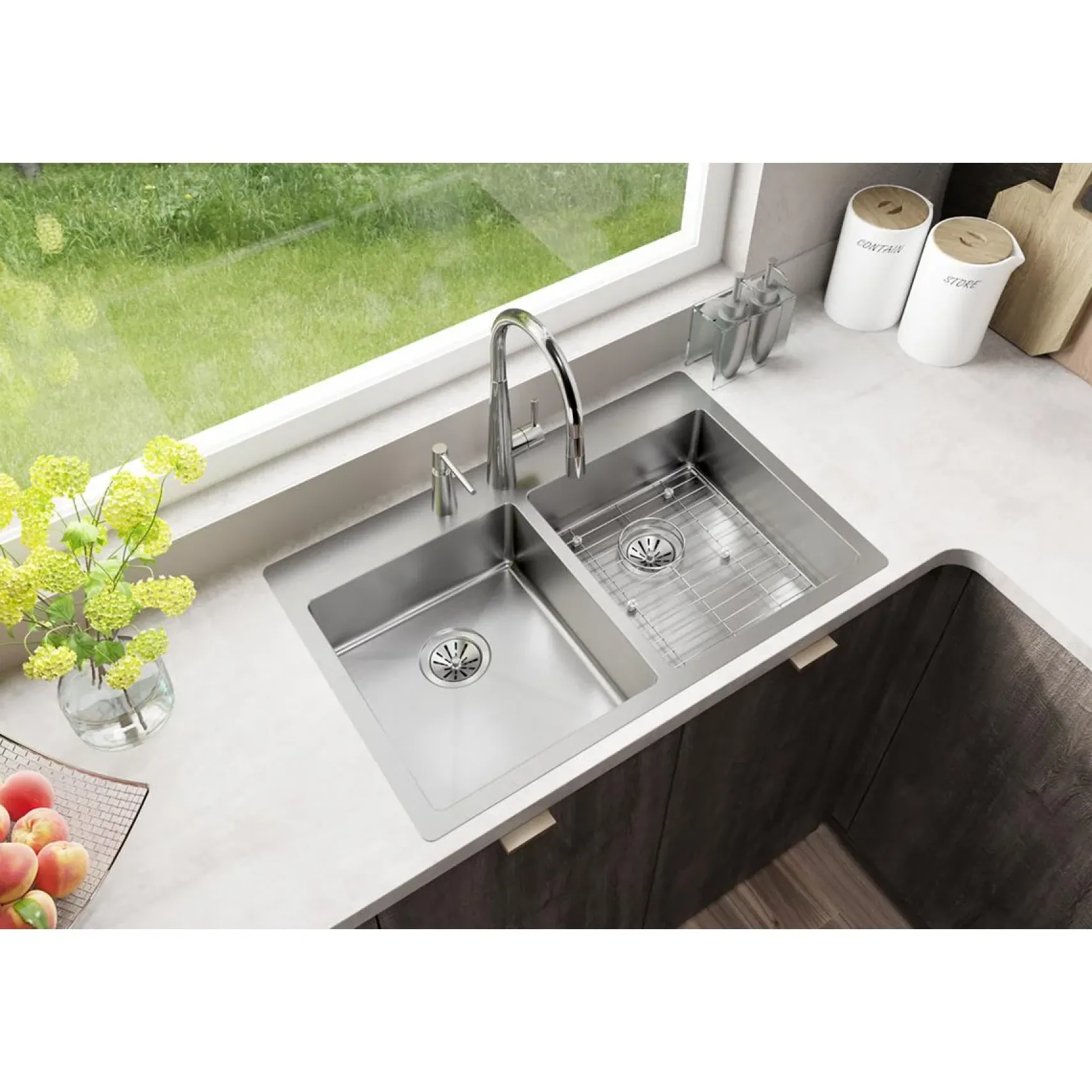 Elkay Crosstown 33" Stainless Steel Kitchen Sink, 50/50 Double Bowl, 18 Gauge, Sink Kit, Polished Satin, 3 Faucet Hole, ECTSRAD33226TBG3
