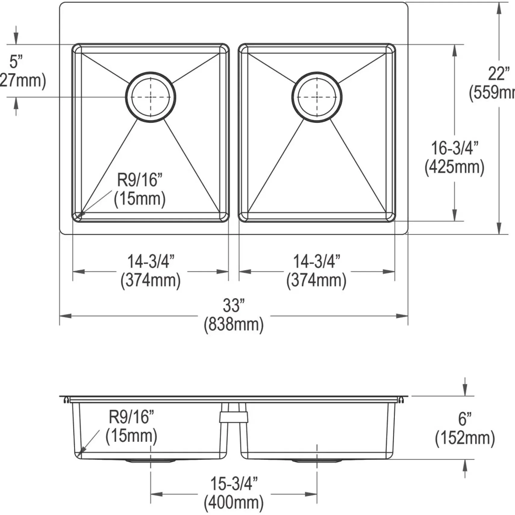 Elkay Crosstown 33" Stainless Steel Kitchen Sink, 50/50 Double Bowl, 18 Gauge, Sink Kit, Polished Satin, 3 Faucet Hole, ECTSRAD33226TBG3