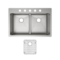 Elkay Crosstown 33" Stainless Steel Kitchen Sink, 50/50 Double Bowl, 18 Gauge, Sink Kit, Polished Satin, 5 Faucet Hole, ECTSRA33229TBG5