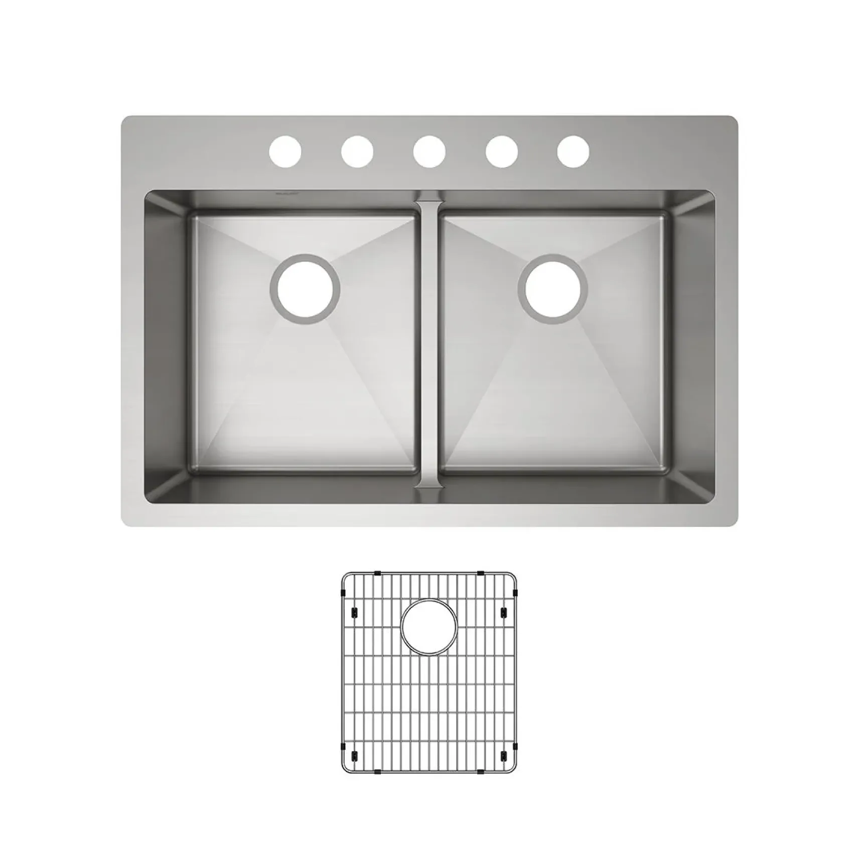 Elkay Crosstown 33" Stainless Steel Kitchen Sink, 50/50 Double Bowl, 18 Gauge, Sink Kit, Polished Satin, 5 Faucet Hole, ECTSRA33229TBG5