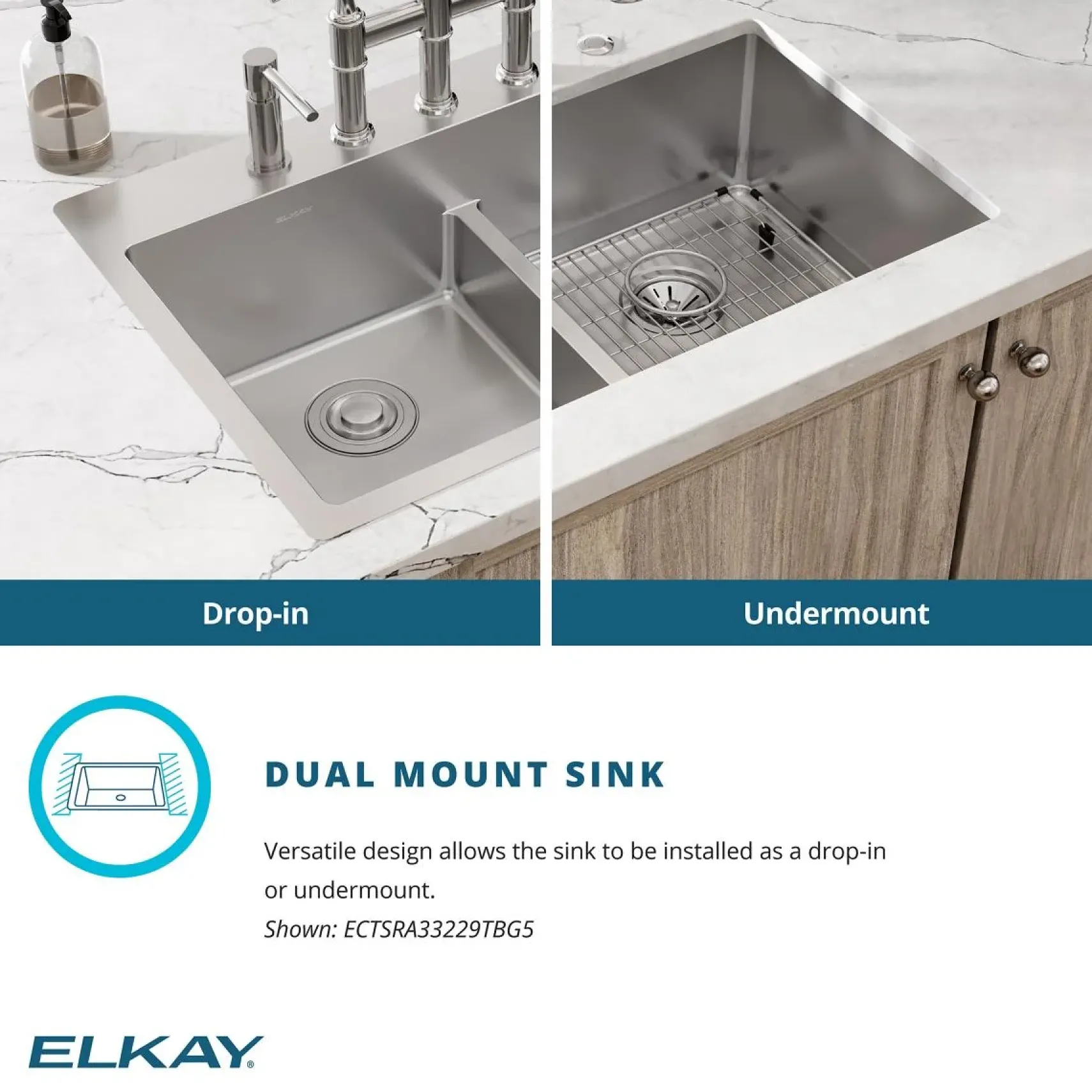 Elkay Crosstown 33" Stainless Steel Kitchen Sink, 50/50 Double Bowl, 18 Gauge, Sink Kit, Polished Satin, 5 Faucet Hole, ECTSRA33229TBG5