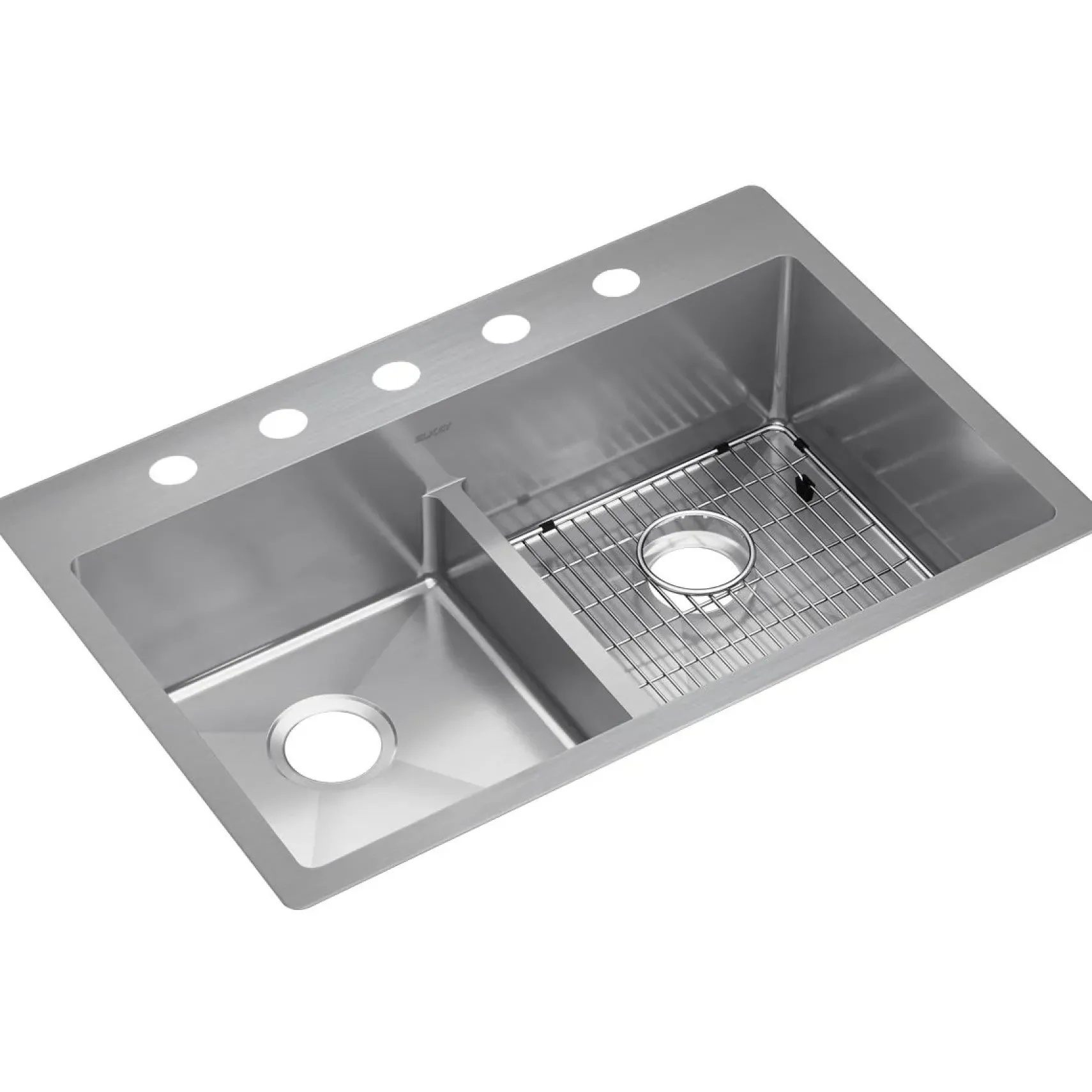 Elkay Crosstown 33" Stainless Steel Kitchen Sink, 50/50 Double Bowl, 18 Gauge, Sink Kit, Polished Satin, 5 Faucet Hole, ECTSRA33229TBG5