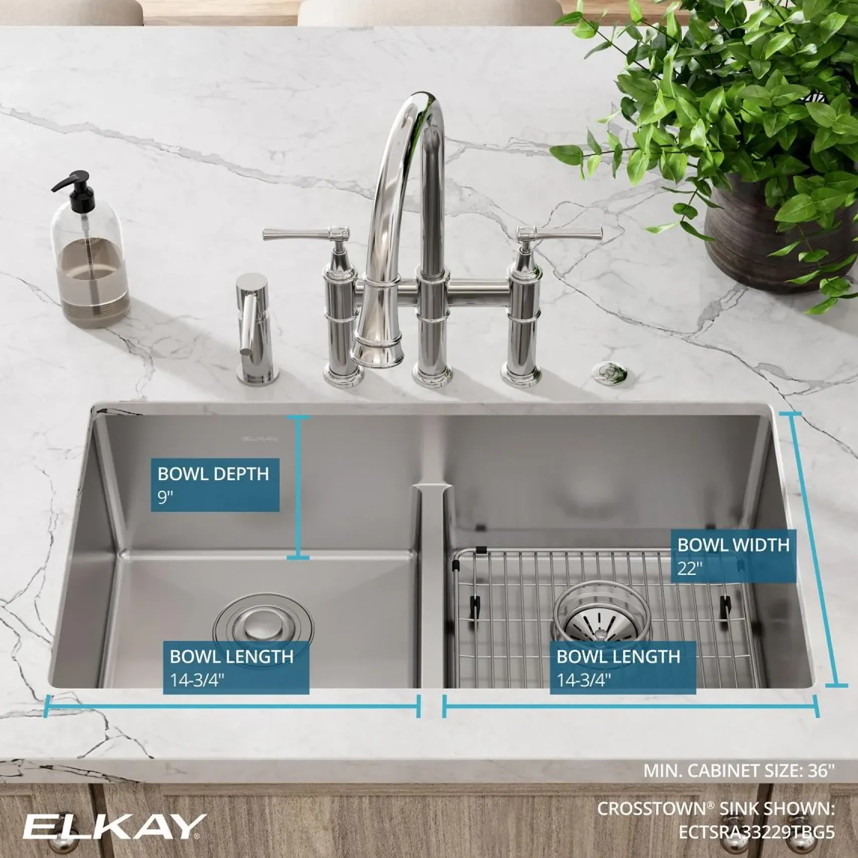Elkay Crosstown 33" Stainless Steel Kitchen Sink, 50/50 Double Bowl, 18 Gauge, Sink Kit, Polished Satin, 5 Faucet Hole, ECTSRA33229TBG5