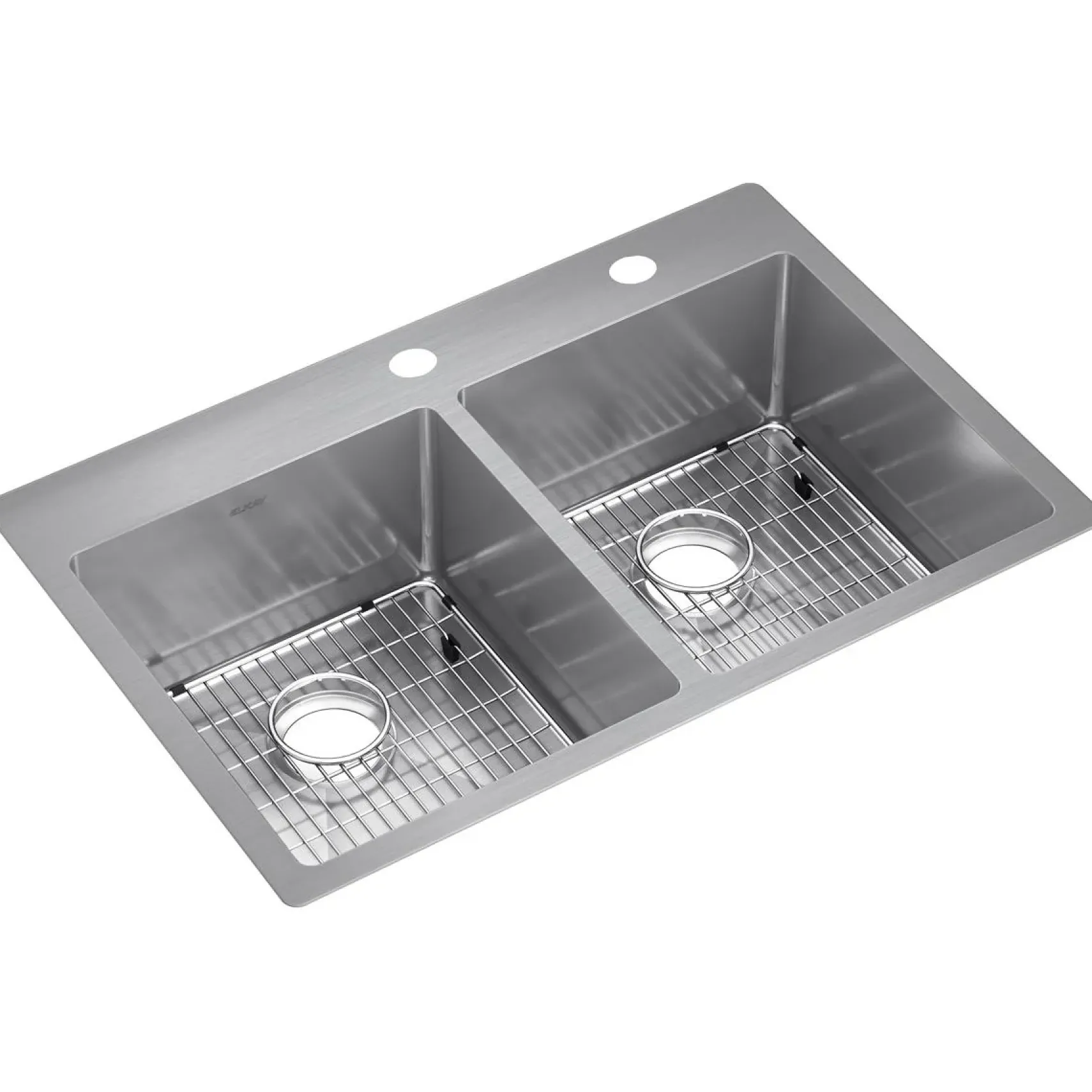 Elkay Crosstown 33" Stainless Steel Kitchen Sink, 50/50 Double Bowl, 18 Gauge, Sink Kit, Polished Satin, FR2 Faucet Hole, ECTSR33229TBGFR2