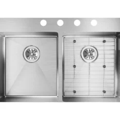 Elkay Crosstown 33" Stainless Steel Kitchen Sink, 50/50 Double Bowl, 18 Gauge, Sink Kit, Polished Satin, 4 Faucet Hole, ECTSR33229TBG4