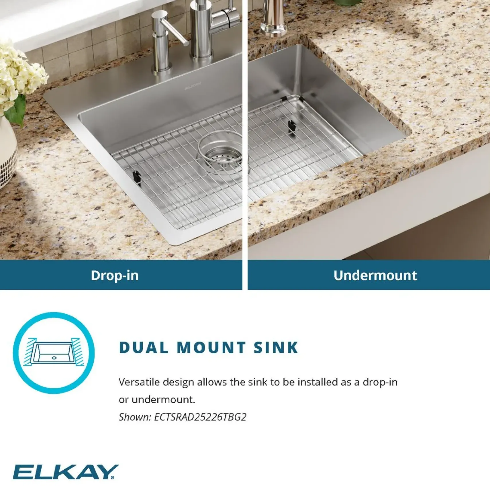 Elkay Crosstown 25" Stainless Steel Kitchen Sink Kit, Polished Satin, 2 Faucet Hole, ECTSRAD25226TBG2