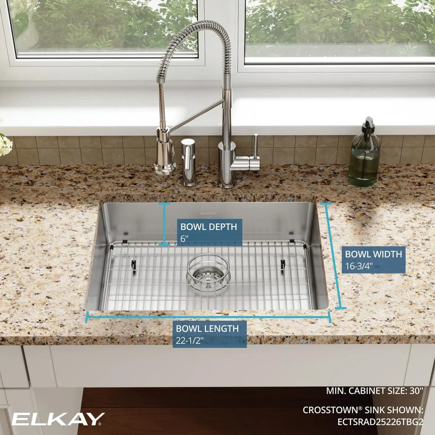 Elkay Crosstown 25" Stainless Steel Kitchen Sink Kit, Polished Satin, 2 Faucet Hole, ECTSRAD25226TBG2