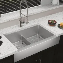 Elkay Crosstown 36" Stainless Steel Farmhouse Sink with Faucet, 50/50 with Aqua Divide Double Bowl, Polished Satin, 18 Gauge, ECTRUFA32179FBC