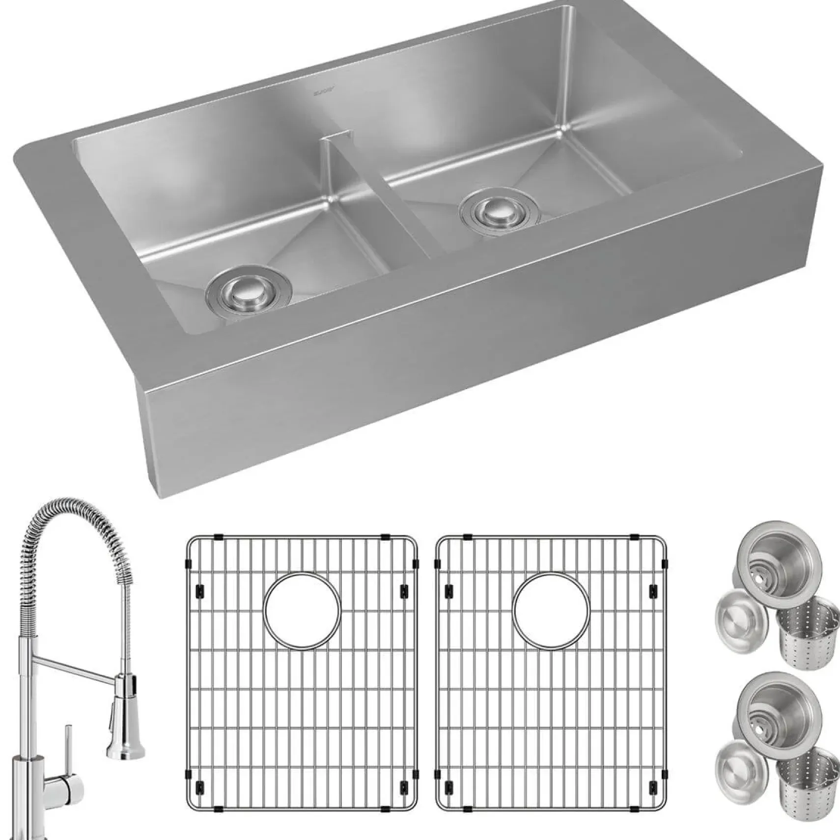 Elkay Crosstown 36" Stainless Steel Farmhouse Sink with Faucet, 50/50 with Aqua Divide Double Bowl, Polished Satin, 18 Gauge, ECTRUFA32179FBC