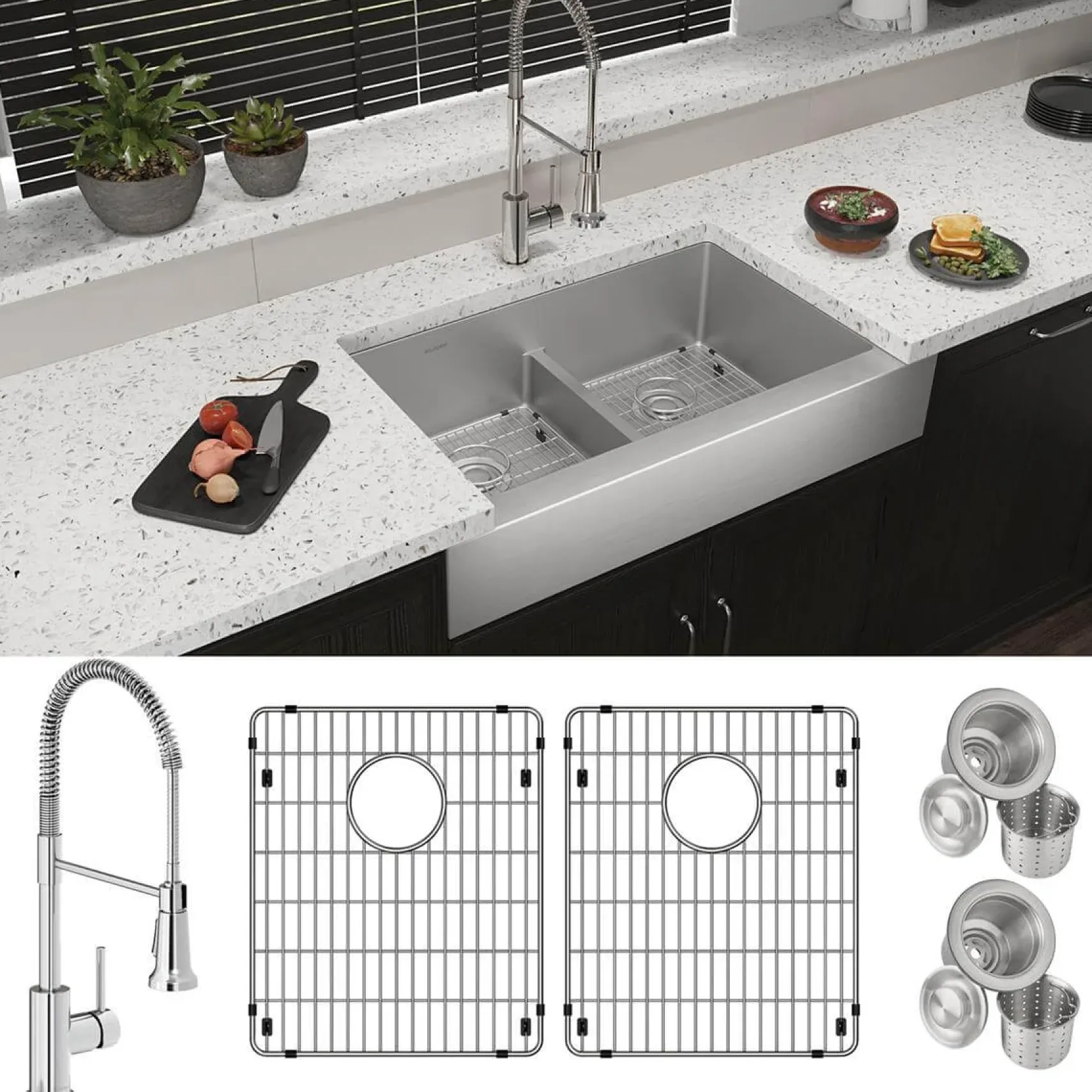 Elkay Crosstown 36" Stainless Steel Farmhouse Sink with Faucet, 50/50 with Aqua Divide Double Bowl, Polished Satin, 18 Gauge, ECTRUFA32179FBC
