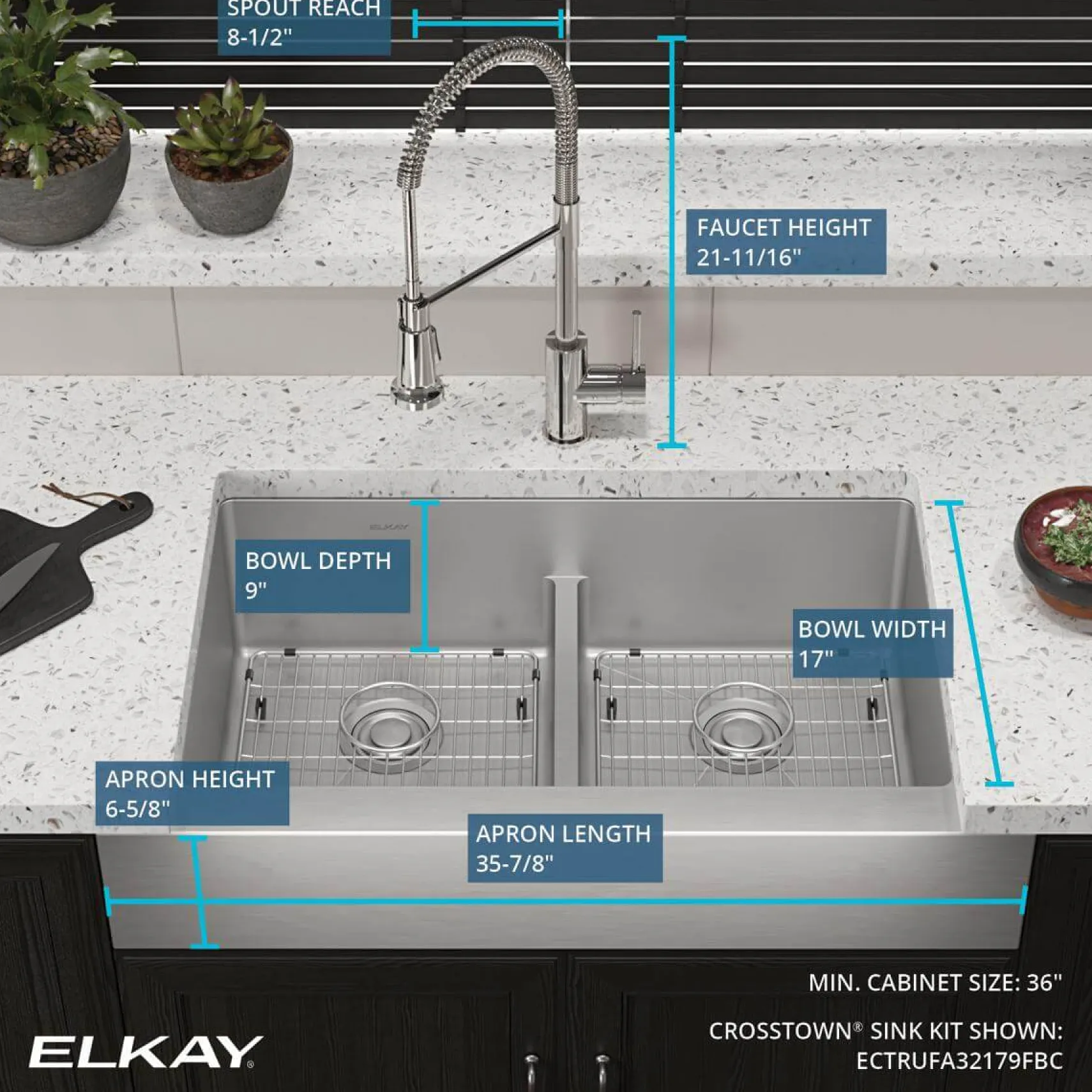 Elkay Crosstown 36" Stainless Steel Farmhouse Sink with Faucet, 50/50 with Aqua Divide Double Bowl, Polished Satin, 18 Gauge, ECTRUFA32179FBC
