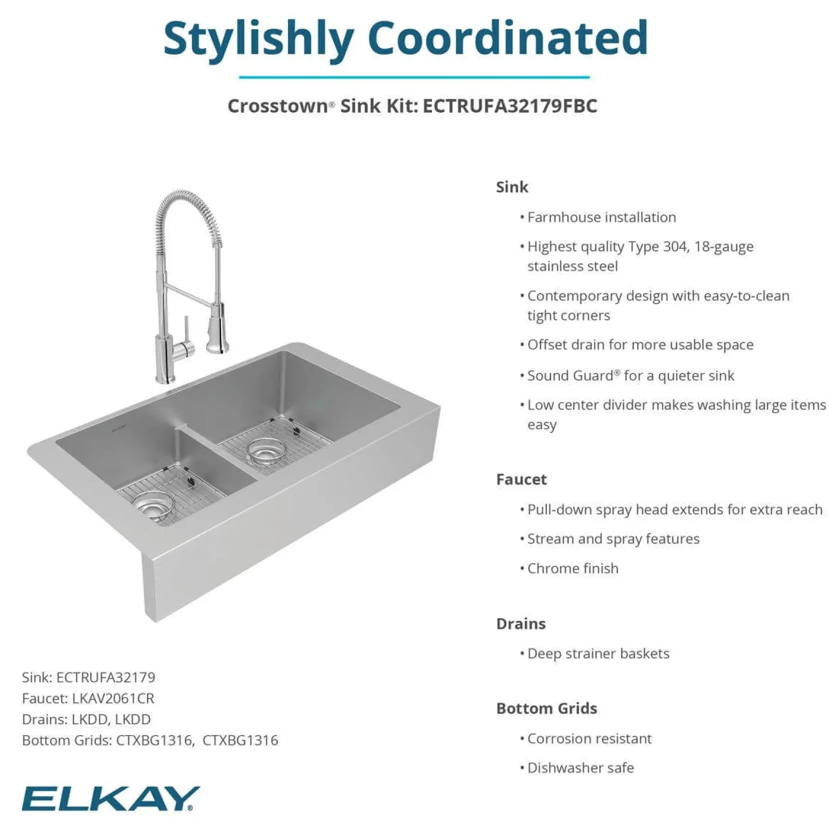 Elkay Crosstown 36" Stainless Steel Farmhouse Sink with Faucet, 50/50 with Aqua Divide Double Bowl, Polished Satin, 18 Gauge, ECTRUFA32179FBC