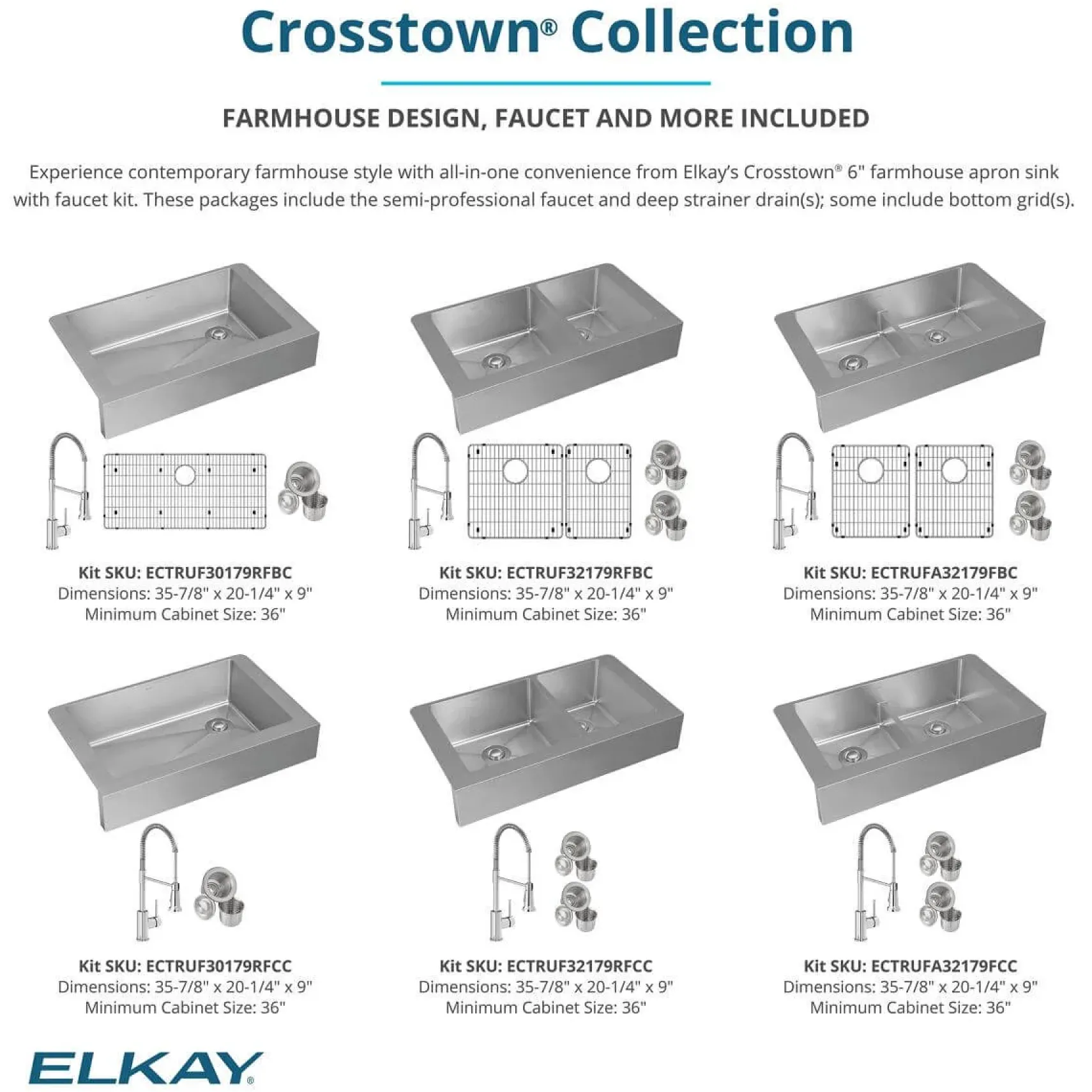 Elkay Crosstown 36" Stainless Steel Farmhouse Sink with Faucet, 50/50 with Aqua Divide Double Bowl, Polished Satin, 18 Gauge, ECTRUFA32179FCC