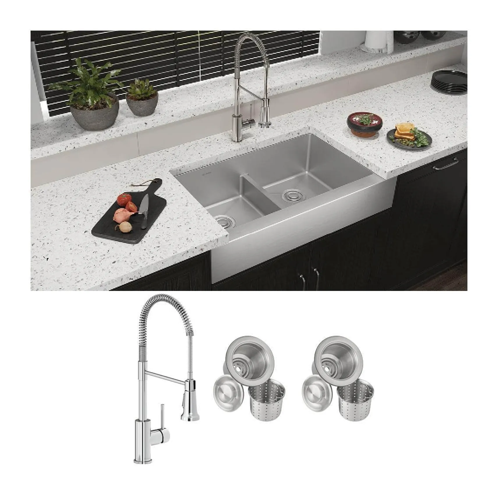 Elkay Crosstown 36" Stainless Steel Farmhouse Sink with Faucet, 50/50 with Aqua Divide Double Bowl, Polished Satin, 18 Gauge, ECTRUFA32179FCC