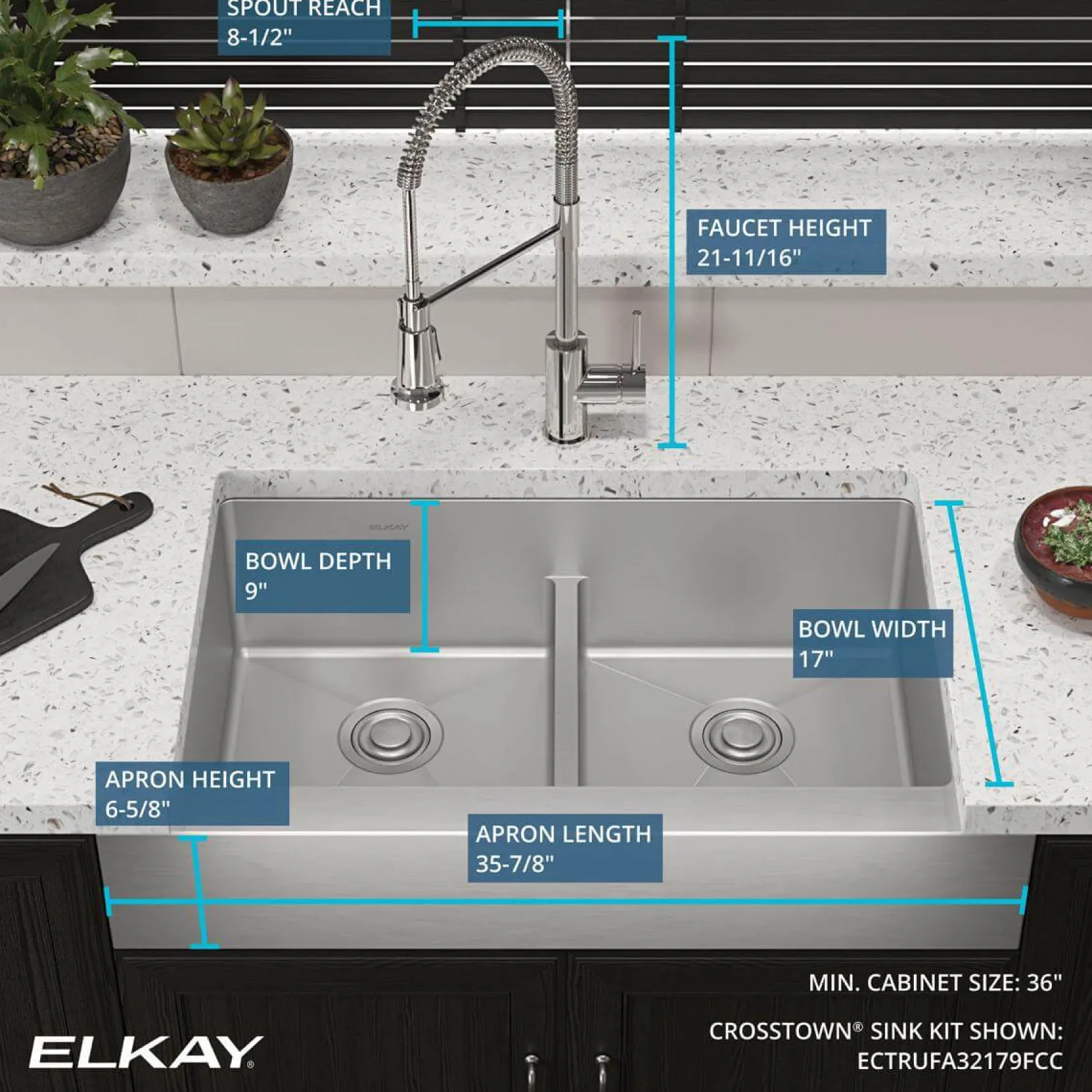 Elkay Crosstown 36" Stainless Steel Farmhouse Sink with Faucet, 50/50 with Aqua Divide Double Bowl, Polished Satin, 18 Gauge, ECTRUFA32179FCC