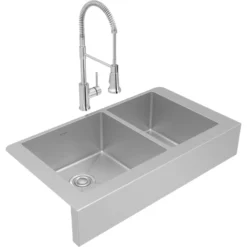Elkay Crosstown 36" Stainless Steel Farmhouse Sink with Faucet, 60/40 Double Bowl, Polished Satin, 18 Gauge, ECTRUF32179RFCC