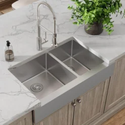 Elkay Crosstown 36" Stainless Steel Farmhouse Sink with Faucet, 60/40 Double Bowl, Polished Satin, 18 Gauge, ECTRUF32179RFCC