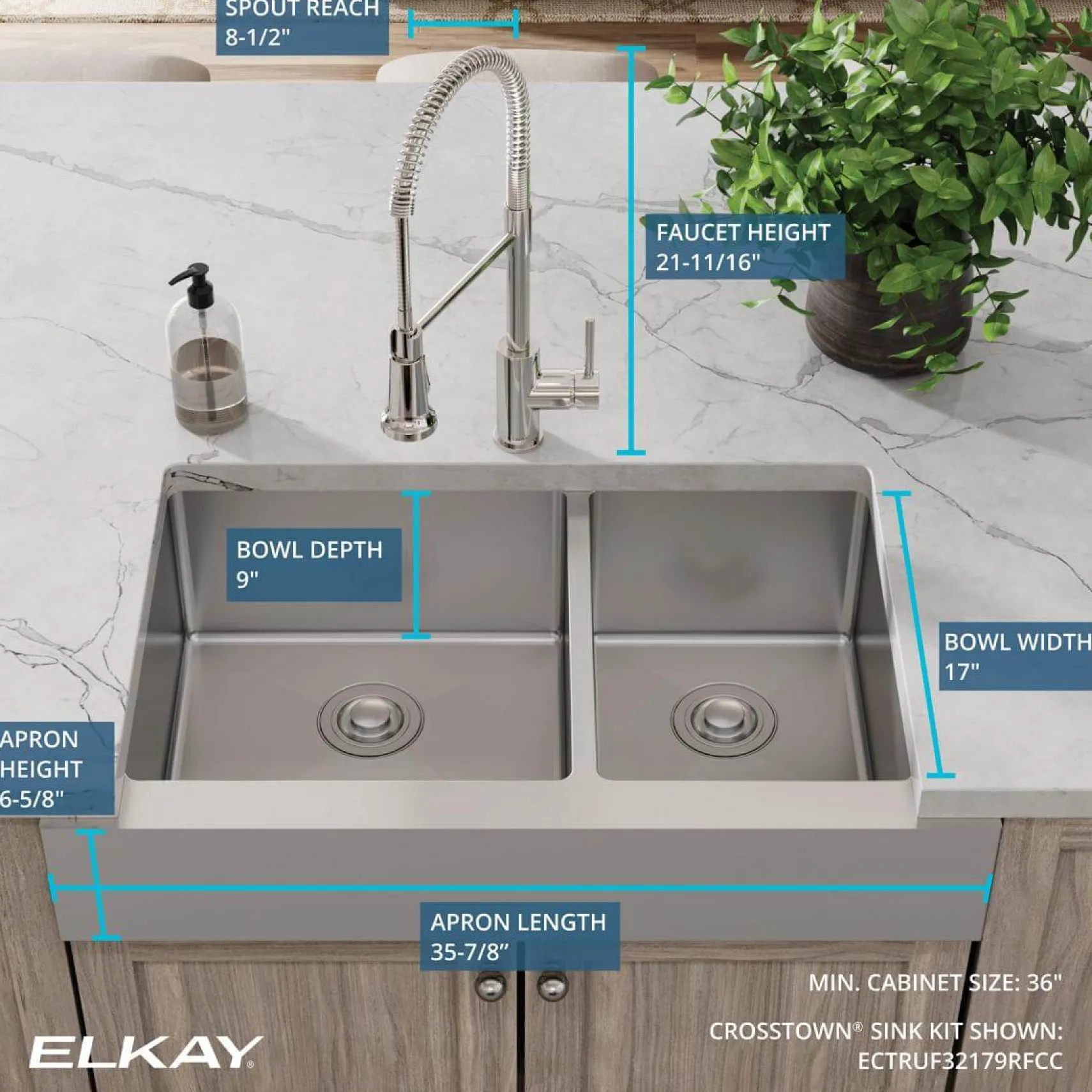 Elkay Crosstown 36" Stainless Steel Farmhouse Sink with Faucet, 60/40 Double Bowl, Polished Satin, 18 Gauge, ECTRUF32179RFCC