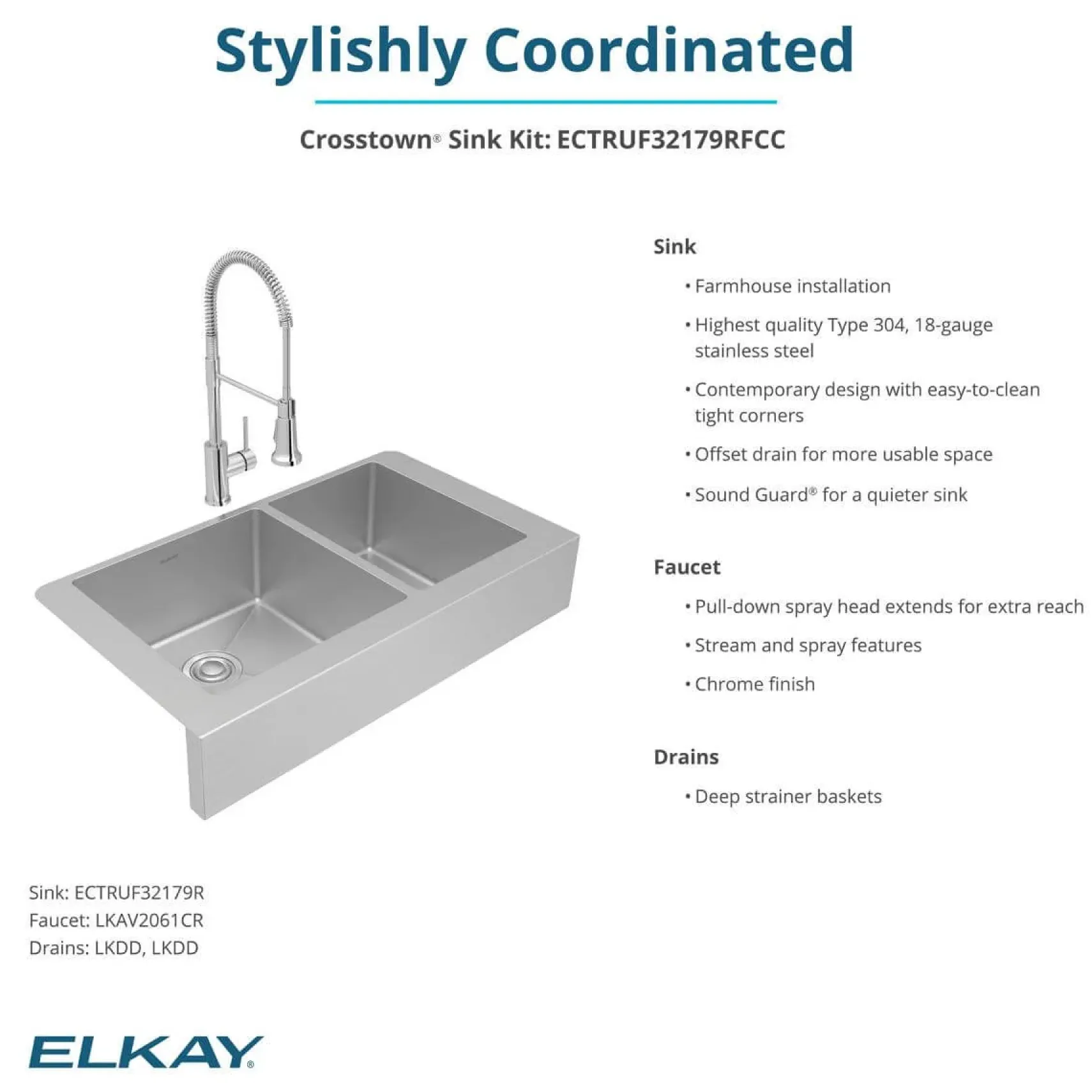 Elkay Crosstown 36" Stainless Steel Farmhouse Sink with Faucet, 60/40 Double Bowl, Polished Satin, 18 Gauge, ECTRUF32179RFCC