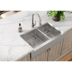 Elkay Crosstown 36" Stainless Steel Farmhouse Kitchen Sink, 60/40 Double Bowl, 18 Gauge, Polished Satin, ECTRUF32179RC