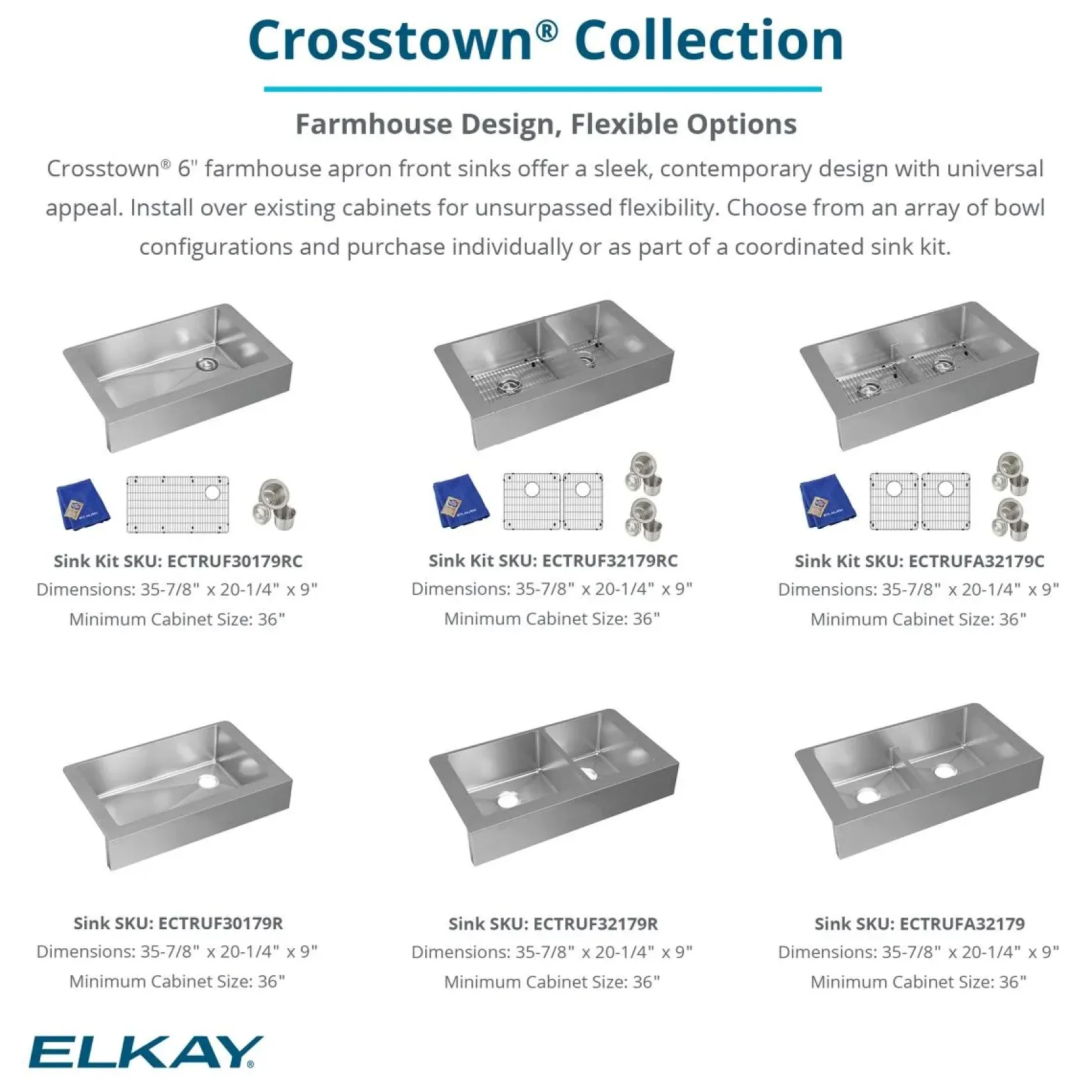 Elkay Crosstown 36" Stainless Steel Farmhouse Kitchen Sink, 18 Gauge, Polished Satin, ECTRUF30179R