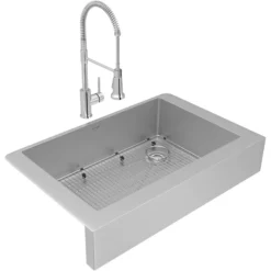 Elkay Crosstown 36" Stainless Steel Farmhouse Sink with Faucet, Single Bowl Polished Satin, 18 Gauge, ECTRUF30179RFBC