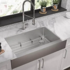 Elkay Crosstown 36" Stainless Steel Farmhouse Sink with Faucet, Single Bowl Polished Satin, 18 Gauge, ECTRUF30179RFBC