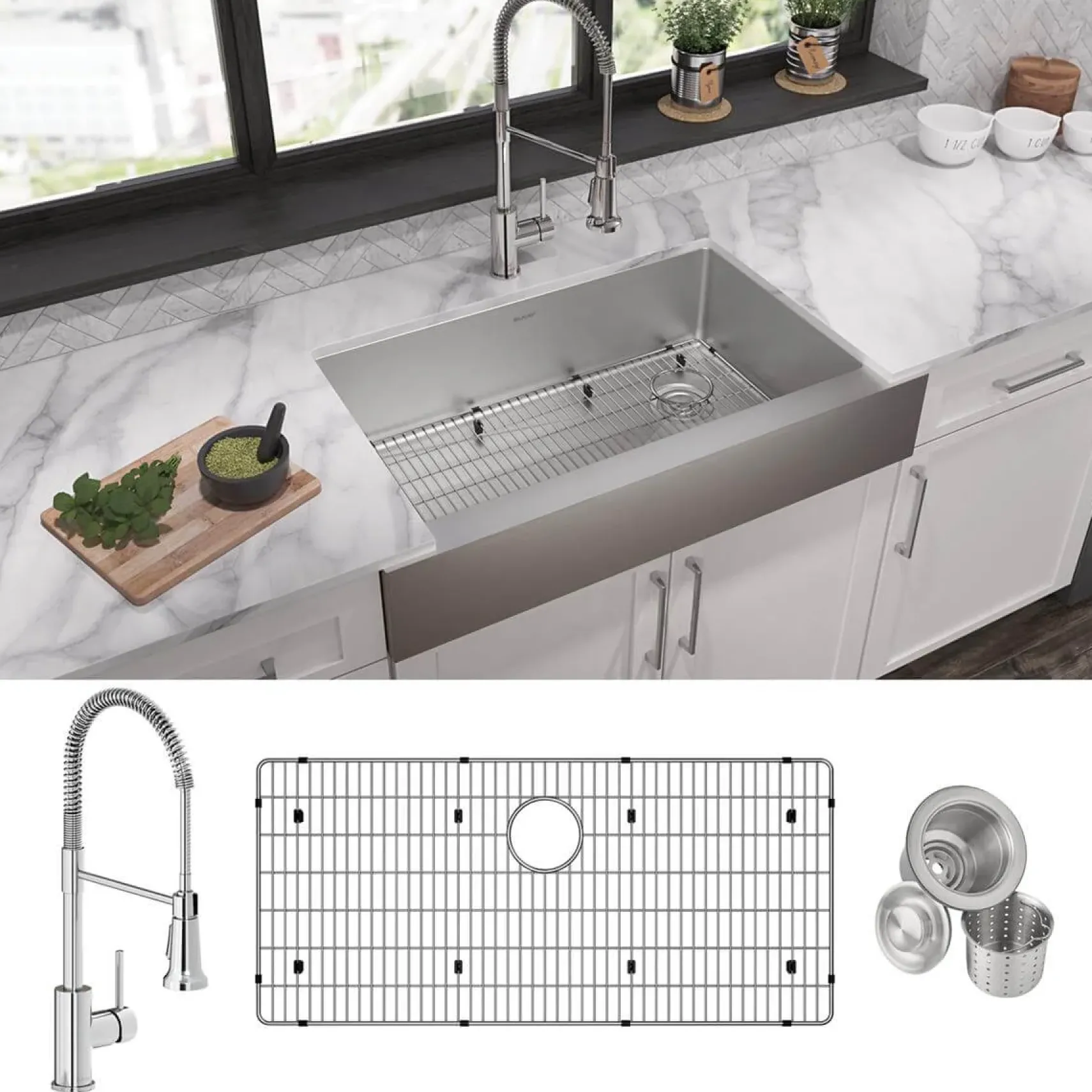 Elkay Crosstown 36" Stainless Steel Farmhouse Sink with Faucet, Single Bowl Polished Satin, 18 Gauge, ECTRUF30179RFBC
