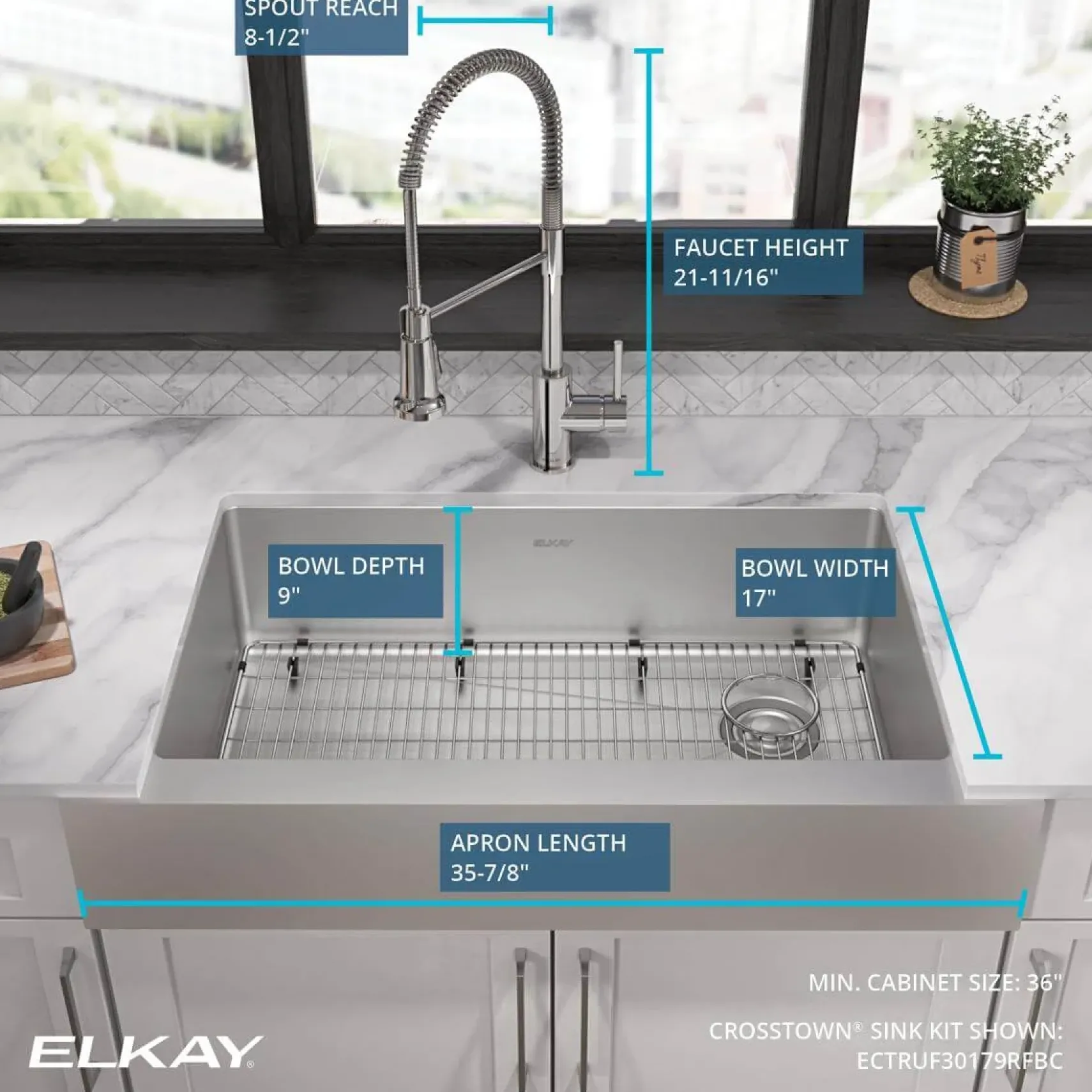 Elkay Crosstown 36" Stainless Steel Farmhouse Sink with Faucet, Single Bowl Polished Satin, 18 Gauge, ECTRUF30179RFBC