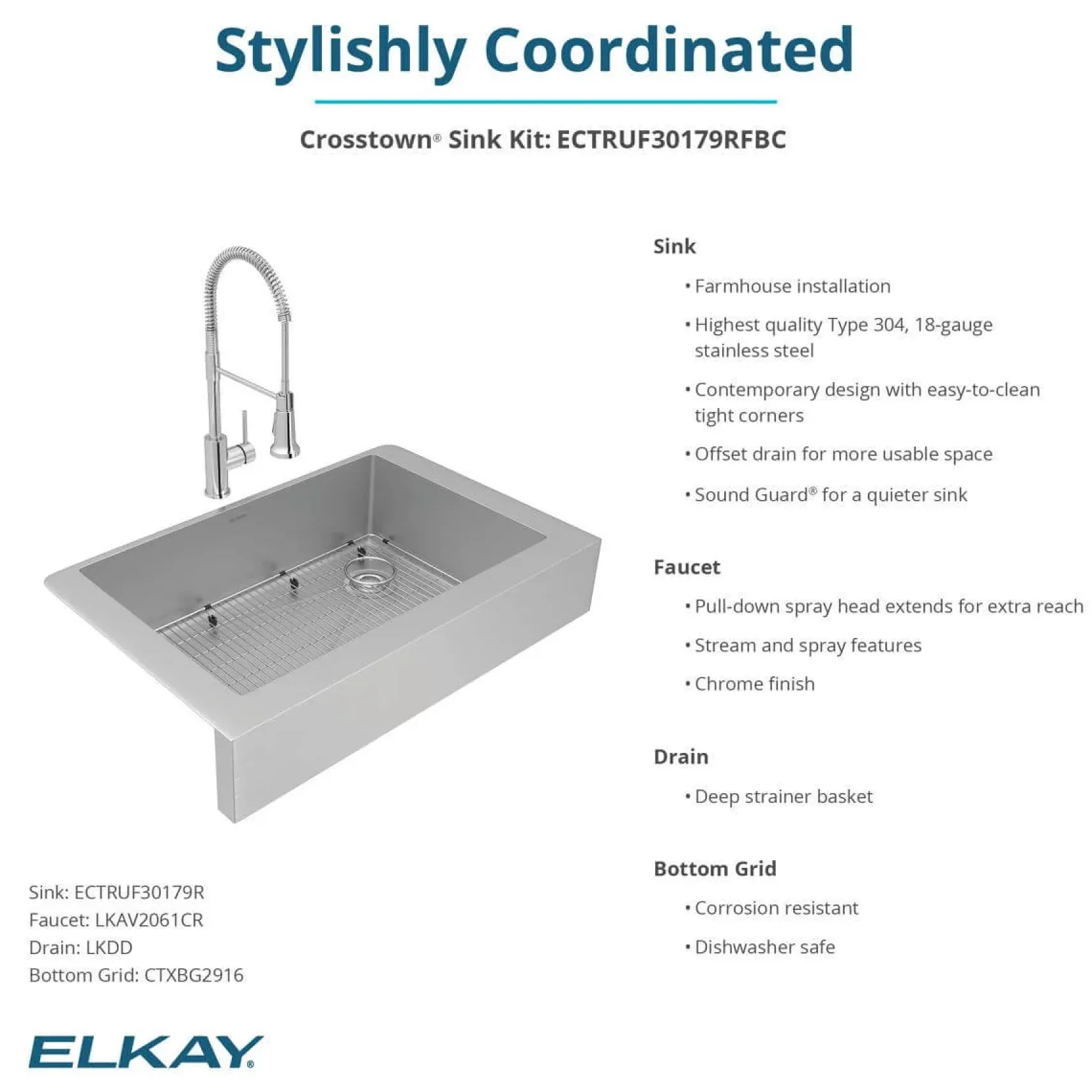 Elkay Crosstown 36" Stainless Steel Farmhouse Sink with Faucet, Single Bowl Polished Satin, 18 Gauge, ECTRUF30179RFBC