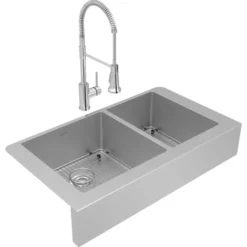 Elkay Crosstown 36" Stainless Steel Farmhouse Sink with Faucet, 60/40 Double Bowl, Polished Satin, 18 Gauge, ECTRUF32179RFBC