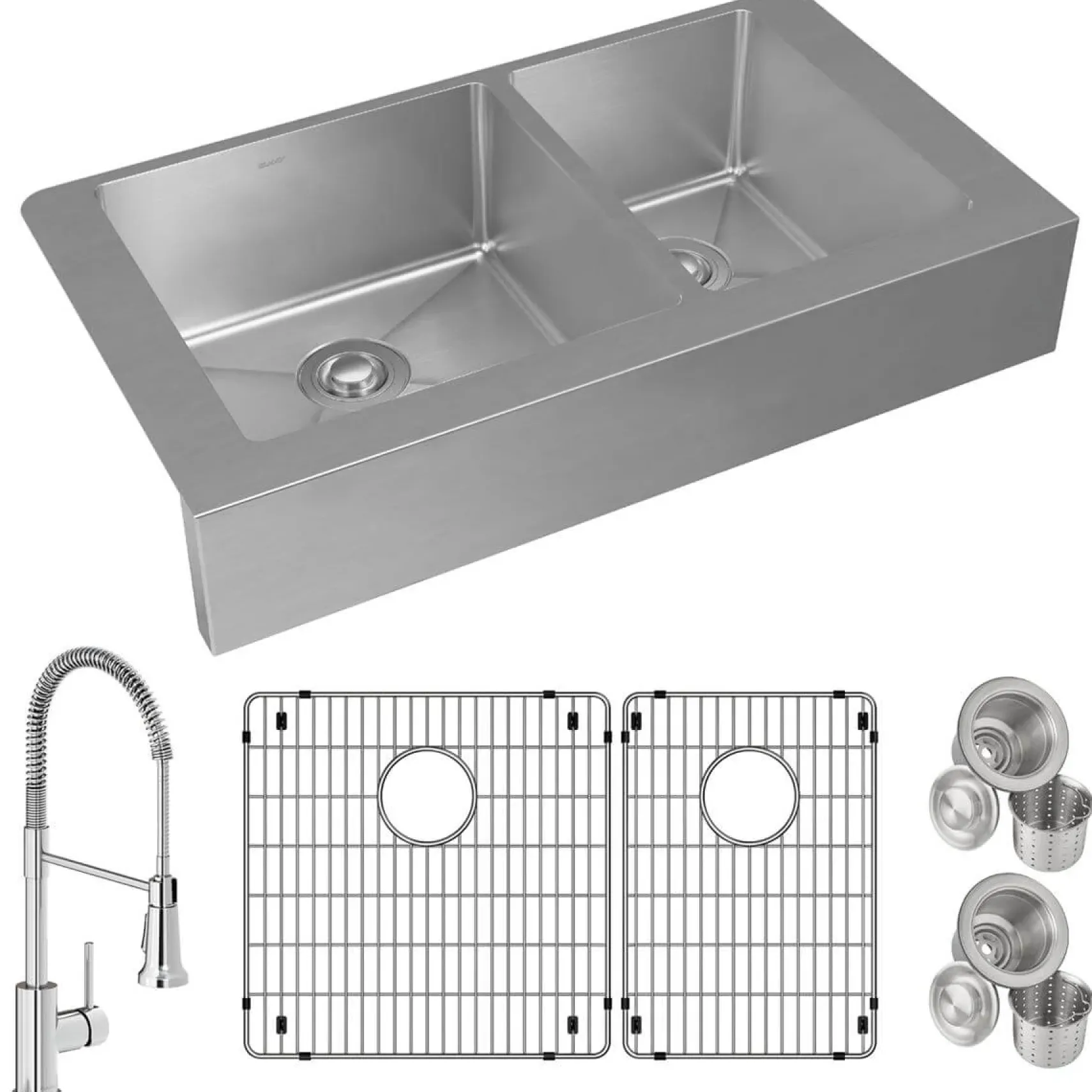 Elkay Crosstown 36" Stainless Steel Farmhouse Sink with Faucet, 60/40 Double Bowl, Polished Satin, 18 Gauge, ECTRUF32179RFBC