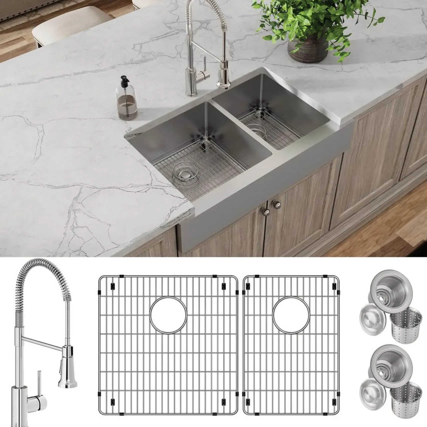 Elkay Crosstown 36" Stainless Steel Farmhouse Sink with Faucet, 60/40 Double Bowl, Polished Satin, 18 Gauge, ECTRUF32179RFBC