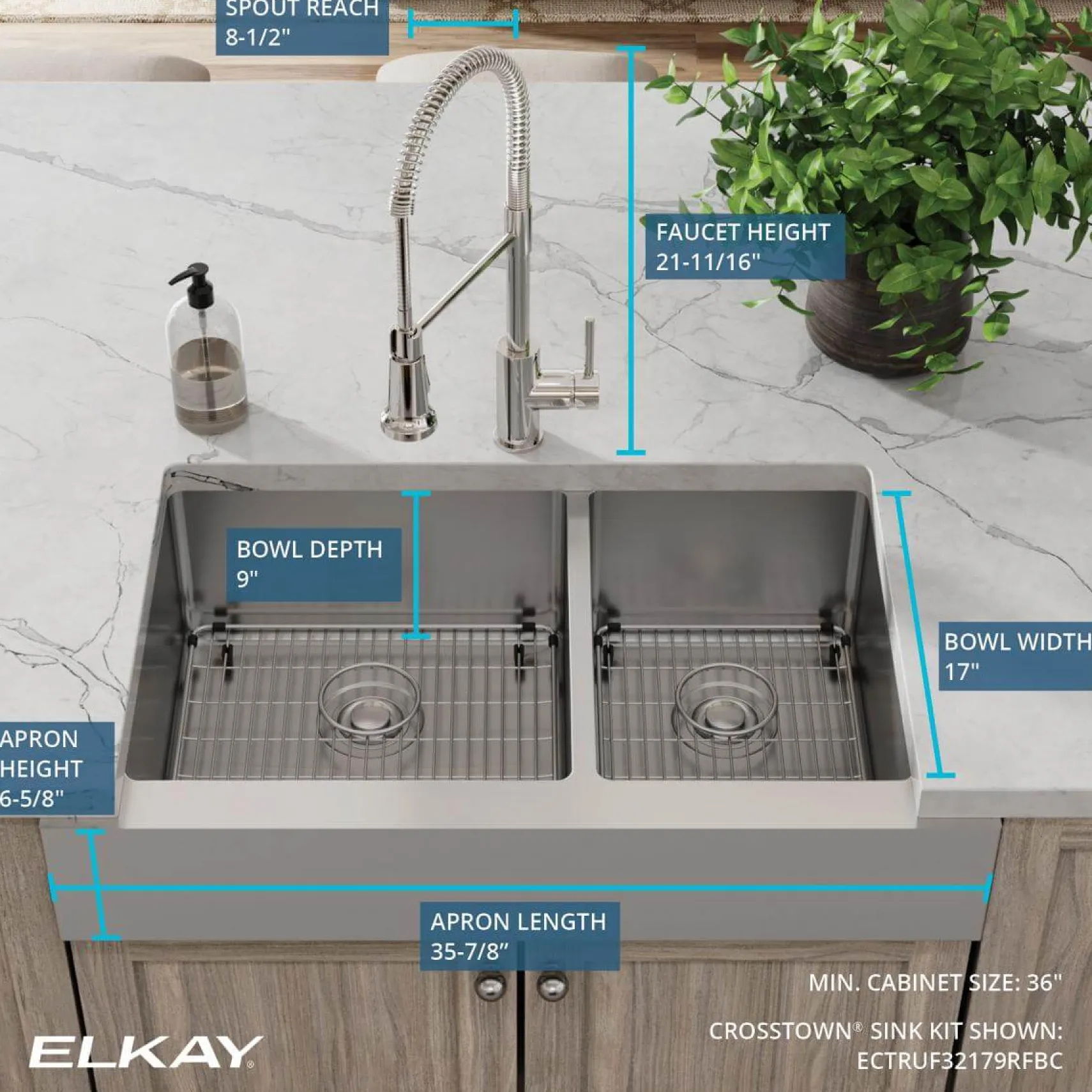Elkay Crosstown 36" Stainless Steel Farmhouse Sink with Faucet, 60/40 Double Bowl, Polished Satin, 18 Gauge, ECTRUF32179RFBC