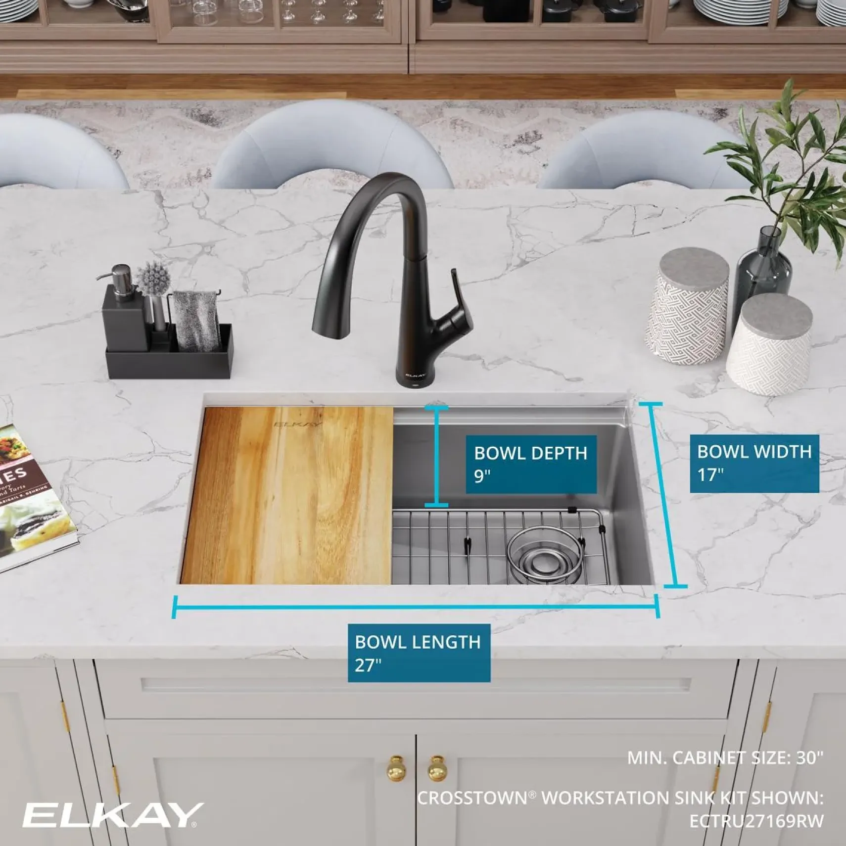 Elkay Crosstown 29" Undermount Stainless Steel Workstation Kitchen Sink with Accessories, Polished Satin, 18 Gauge, ECTRU27169RW