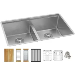 Elkay Crosstown 32" Undermount Stainless Steel Workstation Kitchen Sink Kit with Accessories, 50/50 with Aqua Divide Double Bowl, Polished Satin, 18 Gauge, ECTRUAQ31169TWC